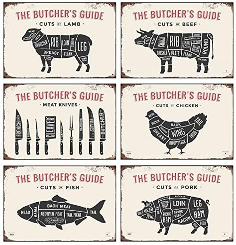 Mora color 6PCS CUTS of Lamb Beef Chicken Fish Pork Meat Knives Tin Signs The Butcher's Guide Retro Posters Bar Pub Wall Decor - 20X30cm Meat Cuts Chart, Lamb Cuts, Butcher's Cut, Pub Wall Decor, Knife Guide, Deer Meat, Meat Shop, Pork Chicken, Pork Meat