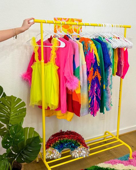 Some snaps around the rainbow office 📸🌈💖 Getting work done is always better when you’re surrounded by bright colors and have a helper 🐶 Henry loves the spotlight, what can we say? 🤣🐶💛🌈 #aspynandivy #homeoffice #rainbowboutique #dopaminedressing #rainbowhomedecor Dopamine Color Aesthetic, Rainbow Clothes Aesthetic, Colorful Aesthetic Home, Rainbow Interior Design, Rainbow Office, Rainbow Interior, Rainbow Closet, Bold Clothes, Rainbow Home Decor