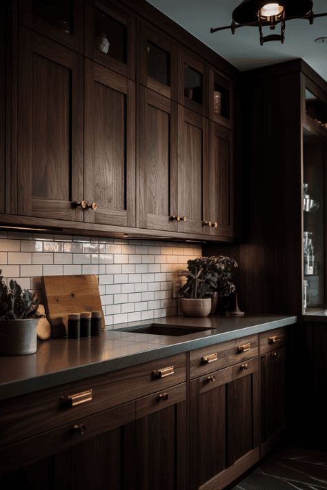 Dark brown cabinets add warmth and depth for a rich and elegant look, especially when paired with lighter countertops and backsplashes. #DIY #HomeDecor #InteriorDesign Dark Brown Kitchen, Dark Wood Kitchen Cabinets, Diy Kitchen Cabinets Painting, Brown Kitchen Cabinets, Brown Cabinets, Interior Vintage, Brown Kitchens, Wood Kitchen Cabinets, Painting Kitchen Cabinets