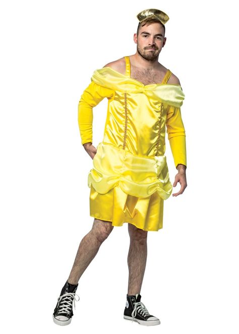 Mens Beauty Is The Beast Belle Costume. Funny Mens Costumes, Princess Belle Costume, Career Costumes, The Beast Costume, Gold Dress Short, Female Costumes, Beauty And The Beast Costume, Movie Character Costumes, Men's Halloween Costumes