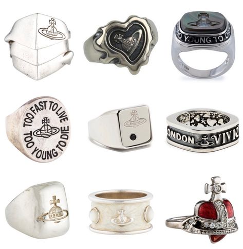 various Vivienne Westwood rings Viviene Westwood Jewelry, Accessories Vivienne Westwood, Vivianne Westwood Rings, Vivienne Westwood Aesthetic 90s, Vivian Westwood Ring, Vivienne Westwood Wedding Ring, Vivienne Westwood Jewlrey, Vivienne Westwood Jewellery Rings, Vivian Westwood Jewelry