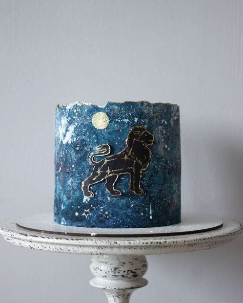 leo zodiac cake ,cosmic,zodiac, galaxy, blue cake, lion cake,dark blue,horoscope cake Leo Zodiac, Cakes For Men, Birthday Cake, Cake