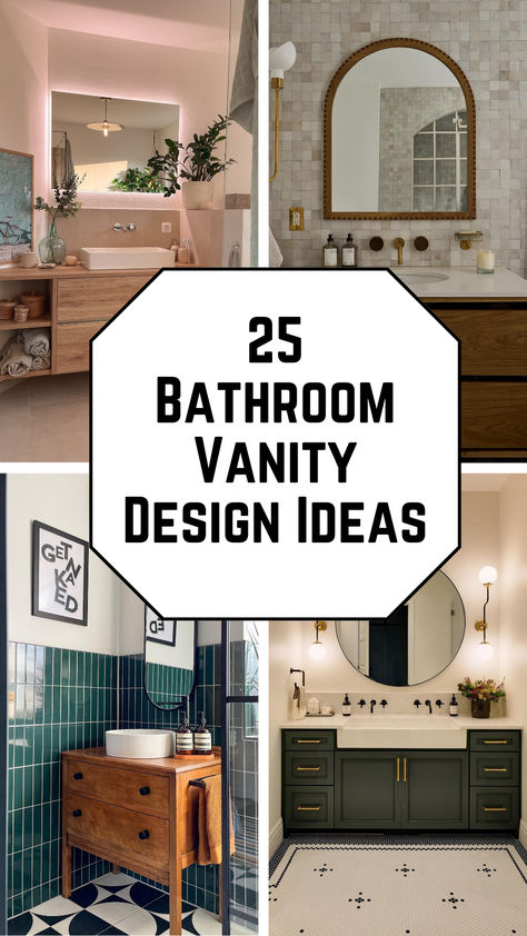 A collage of stylish bathroom vanity design ideas, featuring modern, rustic, and minimalist styles for any home makeover. Pink Vanity Bathroom Ideas, Bathroom With Soffit Above Vanity, Bathroom Vanity Tile Wall, Spa Like Bathroom Vanity, 32 In Bathroom Vanity, Double Sink Ideas Bathroom, 48 In Bathroom Vanity Ideas, Vanity With Tower On Side, Costco Vanity Bathroom