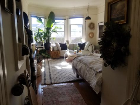 Male Studio Apartment, Studio Apartment Bed, Apartment Boho, Small Studio Apartment Decorating, Sf Apartment, Cozy Studio Apartment, Studio Vibes, San Francisco Apartment, Lots Of Plants