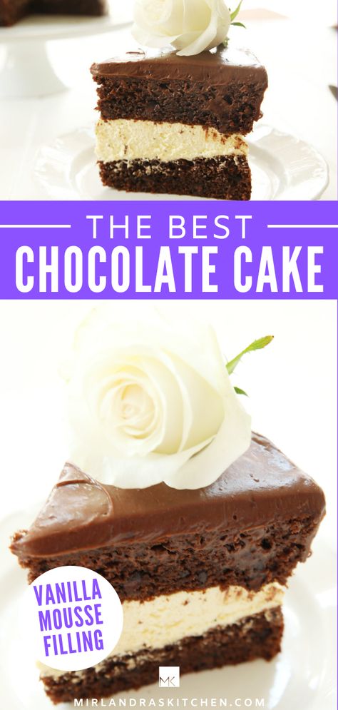 My taste testers told me this was the best chocolate cake they had ever had!  And when I told them I had started with a cake mix they were blown away - none of them knew a cake mix could taste homemade! My simple hacks, easy vanilla mousse cake filling (like Costco cake filling) and ganache riff on top will make you one heck of a chocolate cake! #chocolate #cake #baking #cakemix #costco Chocolate Cake With Vanilla Pudding, Vanilla Mousse Cake Filling, Costco Cake Filling, Vanilla Mousse Cake, Chocolate Cake Mix Recipe, Costco Chocolate Cake, Vanilla Mouse, Mousse Cake Filling, Chocolate Cake With Ganache