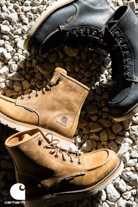 two pairs of mens boots laid out on the ground. Work Shoes Men Construction, Mens Work Shoes Construction, Men’s Boots Style, Men’s Work Boots, Mens Casual Boots, Men Work Boots, Carhartt Shoes, Carhartt Boots, Women's Work Boots