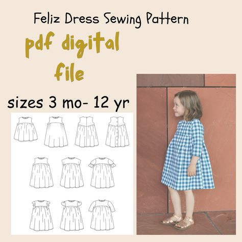 Feliz Dress Sewing Pattern Simple Toddler Dress Pattern, Women’s Dress Sewing Patterns, Toddler Clothes Sewing Patterns, Free Childrens Sewing Patterns, Easy Sew Kids Clothes, Homestead Sewing Projects, Sewing Kids Clothes Patterns, Free Baby Clothes Patterns Sewing, Linen Dress Pattern Free