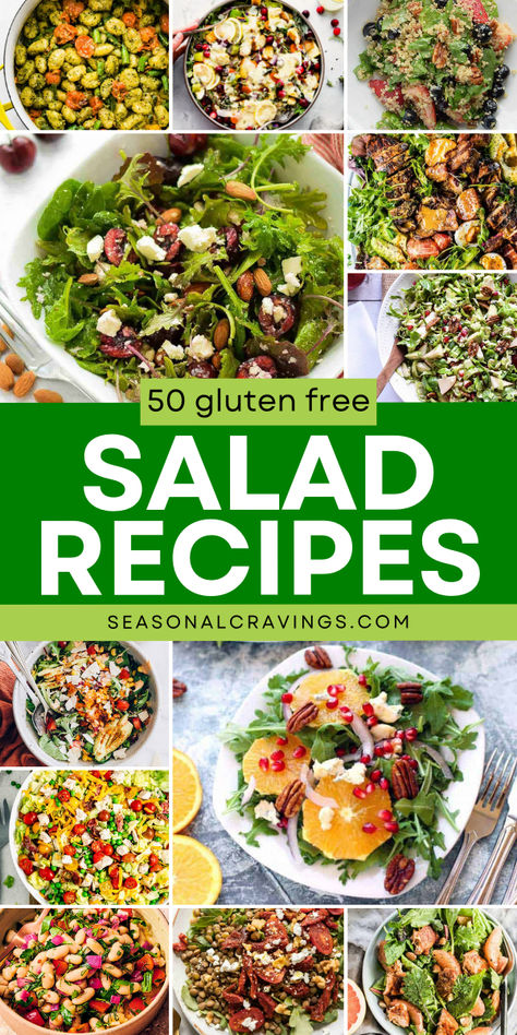 Discover 50 Gluten Free Salad Recipes for tasty meal prep lunches and main course ideas! Enjoy Spicy Salmon Salad, Easy Tuscan Bean Salad, Grilled Chicken Cobb Salad, Brussels Sprout Salad, Chickpea Salad, and more. Fresh flavors await, so get ready to dig in! Gluten Free Chopped Salad, Filing Salad Recipes, Gluten Free Fruit Salad, No Meat Salads, Healthy Chicken Lunch Recipes, Tuscan Bean Salad, Cobb Salad Recipes, Gluten Free Salad Recipes, Tasty Meal Prep