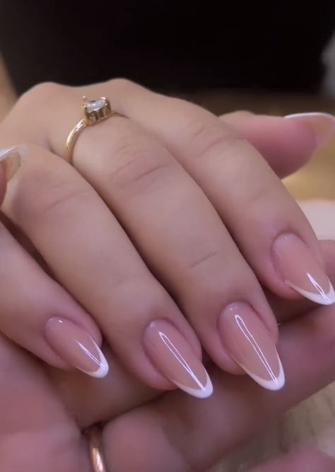 Translucent Almond Nails, Delicate French Nails, Nail Graduation Ideas, Chic French Tip Nails, Classy Wedding Guest Nails, Nails That Go With Anything, Tapered Almond Nails, Almond French Nail Designs, Bridesmaid Nails Almond