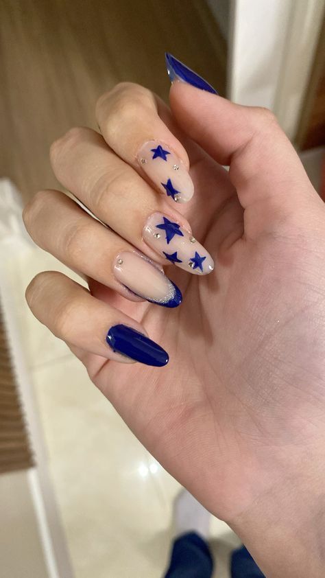 Black And Blue Sparkle Nails, Hoco Nails For Dark Blue Dress, Police Inspired Nails, Nails For Fall/winter, Blue Nail Ideas Almond, Star Nail Ideas Y2k, Nail Inspo Coffin Blue, Simple Eras Tour Nails, Simple Acrylic Nails Blue