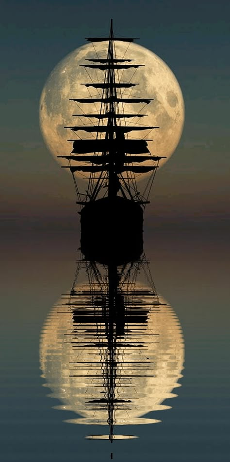 Guided by the Moon Light gif Pirate Ship Art, Navi A Vela, Old Sailing Ships, Pirate Ships, Ship Tattoo, Ghost Ship, Ship Paintings, Moon Pictures, Moon Photography