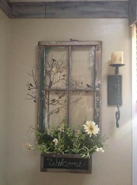 Comfy Farmhouse, Porch Ornaments, Veranda Design, Rustic Front Porch, Old Window Projects, Old Window Frames, Porch Wall Decor, Farmhouse Porch Decor, Porch Design Ideas