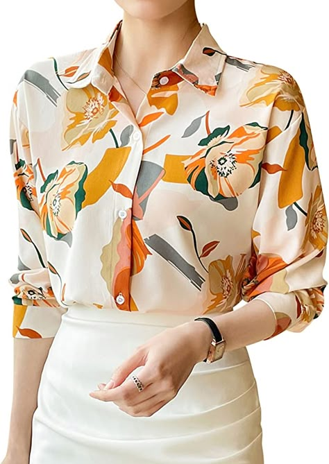 Women's Summer Elegant Collared Neck Allover Print Button-Up Longline Blouse Casual New Season Tops at Amazon Women’s Clothing store Women Blouses Fashion Classy, Summer Tops Women Casual, Women Shirt Designs, Top Designs For Women, Women Floral Blouse, Ladies Shirts, Women Blouses Fashion, Fashion Top Outfits, Dress Heels