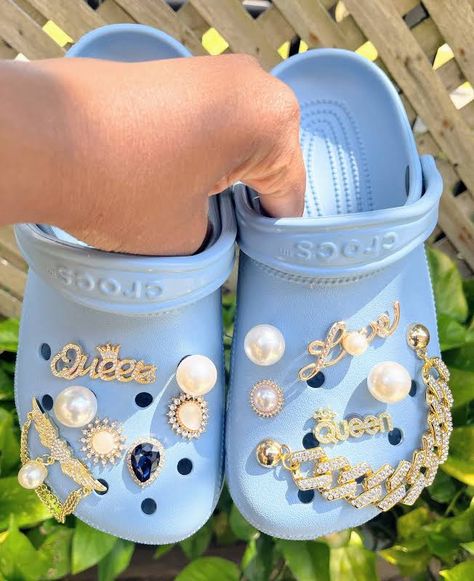 Blue Bling Crocs, Light Blue Crocs With Charms, High Heel Crocs, Light Blue Platform Crocs, Customized Diamond Crocs Shoes, Designer Crocs, Crocs Blue Calcite, Crocs With Charms, Dress Up Shoes