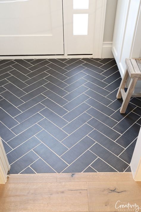 Herringbone Black Slate Floors Tile Herringbone Floor, Black Slate Floor, Black Floors, Black Slate Tiles, Entryway Flooring, Fresh Kitchen, Slate Flooring, Herringbone Floor, Flooring Inspiration