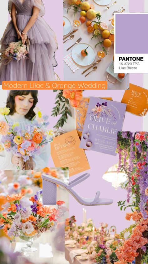 Modern wedding inspo - Lila and Orange #weddinginspo #weddingmoodboard #lilacandorangewedding #colourfulwedding Lavender And Light Orange Wedding, Lavender Sunset Wedding, Purple Blue And Orange Wedding, Pink Orange Lavender Wedding, Lavender And Tangerine Wedding, Lavender Orange Green Wedding, Pink Orange Yellow Purple Color Palette, Lavender And Orange Wedding Theme, Purple Orange Wedding Theme