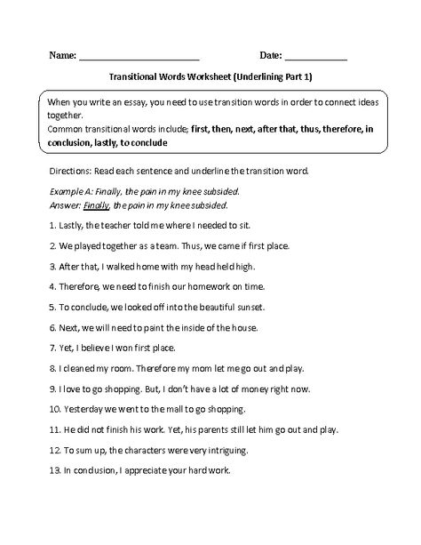 Transitional Words Underlining Part 1 Intermediate Good Transition Words, Essay Transitions, Transition Words Worksheet, Conclusion Words, Transitional Words, List Of Transition Words, Transition Sentences, Transition Words For Essays, Writing Transitions