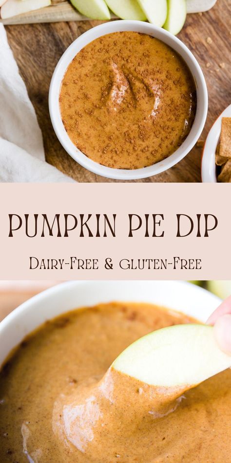 This Dairy-Free Pumpkin Pie Dip is thick, creamy, and made with simple ingredients! It's the perfect quick and easy appetizer for a Halloween Party, Thanksgiving, or any anytime during the holiday season! Dairy Free Dip Recipes, Pumpkin Pie Dip Recipe, Dairy Free Thanksgiving Recipes, Dairy Free Pies, Dairy Free Thanksgiving, Healthy Pumpkin Pie, Dairy Free Pumpkin Pie, Healthy Dip Recipes, Pumpkin Pie Dip