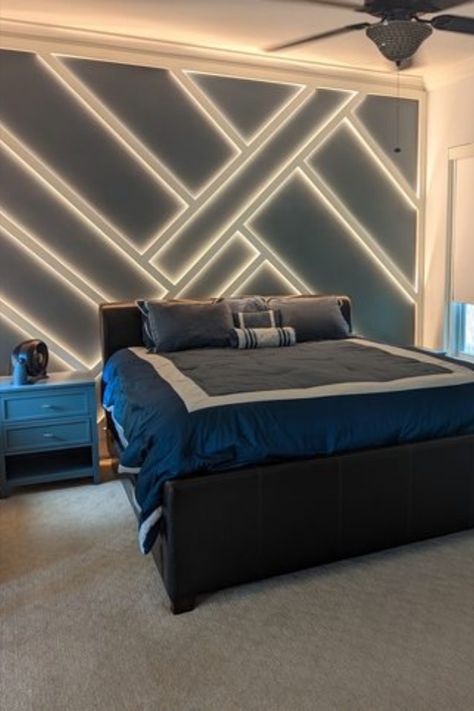 Gaming Room Accent Wall Ideas, Men Accent Wall, Black Accent Wall Bedroom Led Lights, Gaming Accent Wall, Led Lights Accent Wall, Accent Wall Led Lights, Wood Accent Wall With Led Lights, Feature Wall With Lights, Game Room Accent Wall Ideas