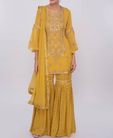 Yellow gotapatti geogette suit from house of zuhaf...  We customize all type of cloths such as fashion wear trendy nd westrn style for info just whtsapp 9830139073 Yellow Sharara Suits, Sarara Dress, Yellow Sharara, Gharara Designs, Designer Sharara, Georgette Sharara, Georgette Suit, Sharara Designs, Embellished Wedding Dress