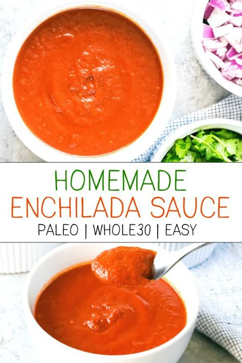 This homemade enchilada sauce is paleo friendly and Whole30 compliant. It's a super quick and easy recipe to add into your favorite mexican inspired dishes! #paleo #whole30 #whole30recipes Paleo Enchiladas, How To Make Enchiladas, Paleo Condiments, Paleo Sauces, Recipes With Enchilada Sauce, Cleaner Eating, Homemade Enchilada Sauce, Homemade Enchiladas, Red Enchilada Sauce