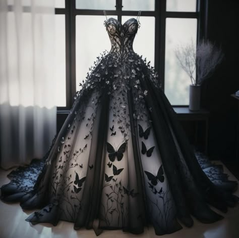 Fantasy Dress Wedding, Gothic White Wedding Dress, Dark Blue Ballgown, Black Fantasy Gown, Witch Gown, Butterfly Wedding Dress, Villain Dresses, Goth Wedding Dresses, Black Wedding Gowns