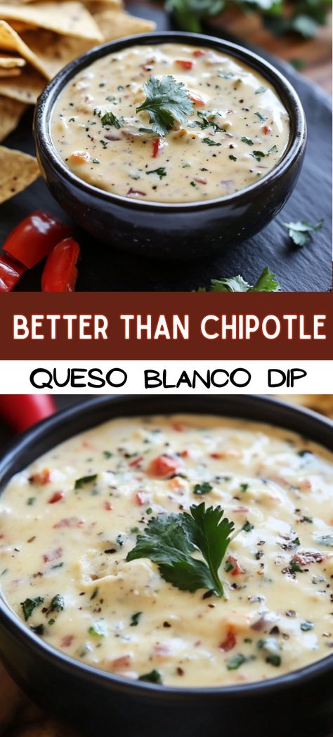 Better than Chipotle Queso Blanco Dip Homemade Queso Dip, White Queso Recipe, Chipotle Queso, Homemade Queso, Queso Blanco Dip, Cheesy Dips, White Cheese Dip, White Queso Dip, Dip For Tortilla Chips