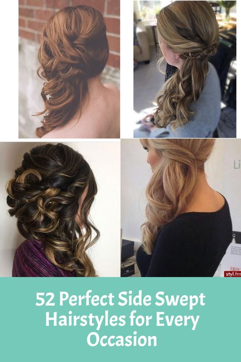 Hairstyle Pulled To One Side, How To Side Swept Hairstyles, Curly Hair To The Side Wedding, Long Hair Side Swept Hairstyles, Side Style Updo, Half Up Half Down Hair Side Swept, Wedding Hairstyles Side Swept Updo, One Side Back Hairstyle Wedding, Side Hair Formal