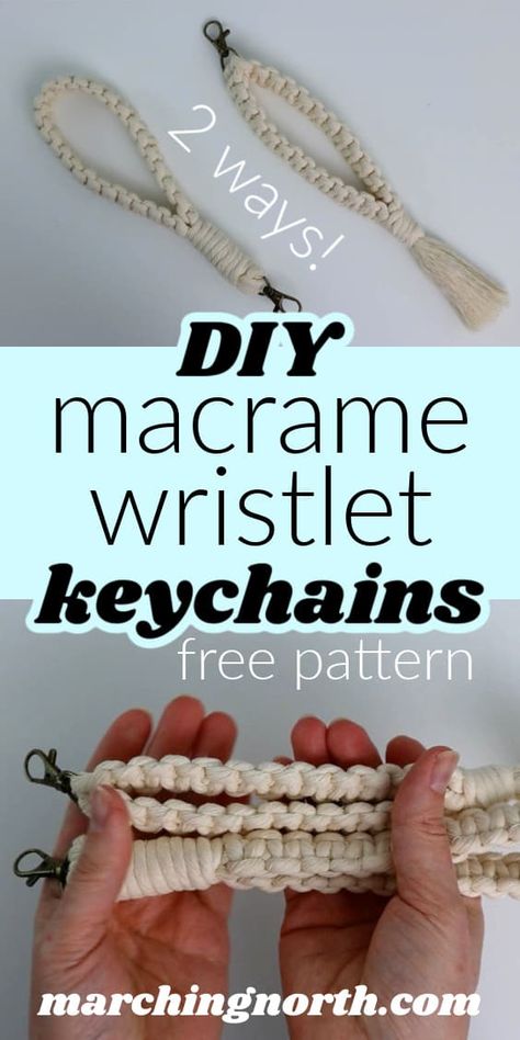 Learn two different ways to make this useful and beautiful macrame wristlet keychain! These are great for those times when you're bringing in groceries but need to keep your keys handy- includes step by step tutorial, free pattern and video | useful macrame projects | macrame for beginners | easy macrame patterns | DIY macrame keychain Macrame Patterns Tutorials Keychain, Small Macrame Projects Free Pattern, Simple Macrame Projects, Macrame Keychain Tutorial Step By Step, Macrame For Beginners Tutorials, Free Macrame Patterns For Beginners, Macrame Keychain Diy Easy, Beginner Macrame Keychain, Macrame Tutorial Step By Step