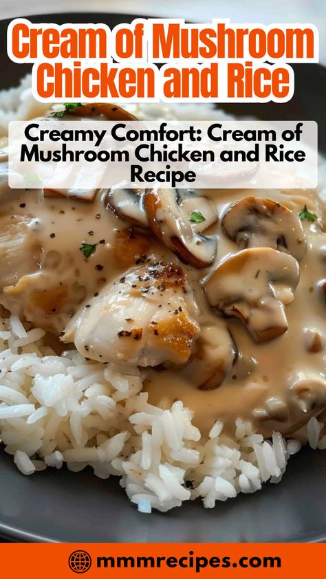 Elevate your dinner menu with this creamy and savory cream of mushroom chicken and rice dish. A family favorite in every bite! 🍗🍚 #OnePotMeal #FamilyDinnerIdeas #ComfortFood #HomemadeRecipes #EasyCooking" Mushroom Chicken Crockpot, Campbells Chicken And Rice, Mushroom Rice Recipes, Chicken Mushroom Casserole, Cream Of Mushroom Chicken, Creamy Mushroom Chicken, Chicken Mushrooms, Cooking Recipes For Dinner, Crockpot Chicken Breast