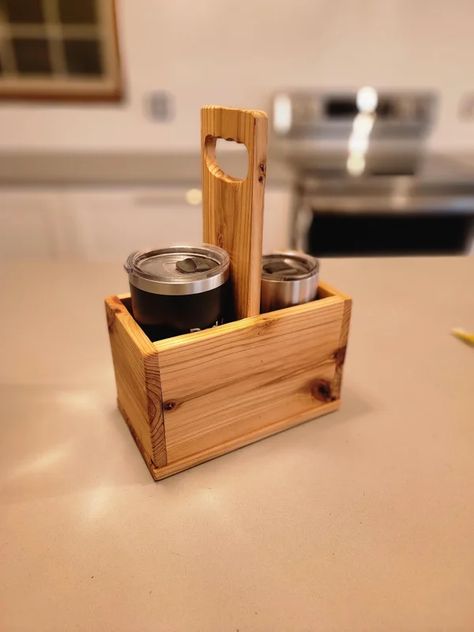 Two Cup Caddy From One Board : 4 Steps (with Pictures) - Instructables Pallet Cup Holder, Diy Drink Caddy, Caddy Diy, Drink Caddy, Car Caddy, Drink Carrier, Opening Door, Outdoor Shop, Diy Drinks