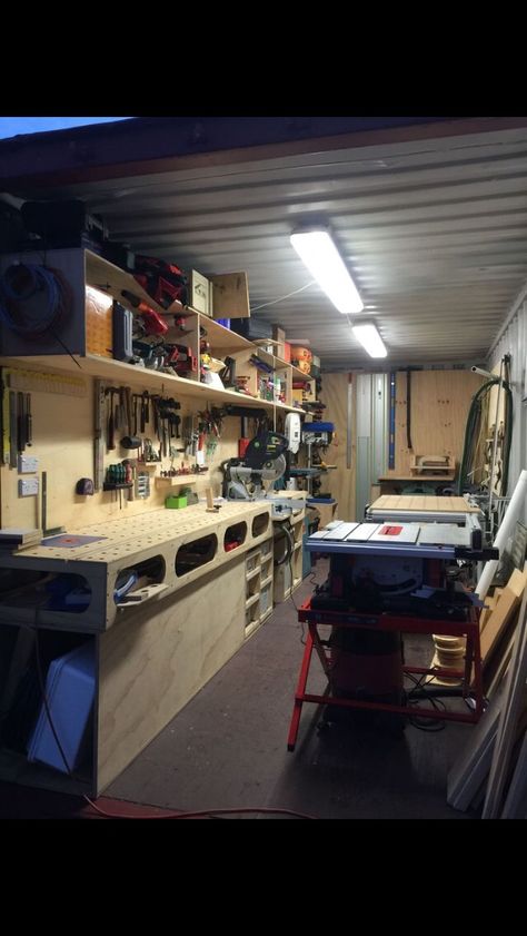 Shipping Container Shop Workshop, Container Woodshop, Shipping Container Garage Workshop, Shipping Container Workshop Ideas, Container Workshop Ideas, Container Garage Ideas, Container Shed Ideas, Shipping Container Barn, Shipping Container Shop