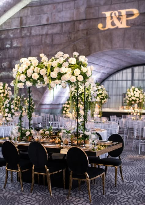 This Gold Black And White Wedding Is Stunning To The Max #wedding #weddingshoes #weddingday #marryingmybestfriend #weddingfashion #bridestyle #sayido #weddingflowers #weddingarrangements #weddinginspo #weddinginpiration #engagemnetrings #weddingphotography #engaged Wedding Table Themes, White Weddings Reception, Black And White Wedding Theme, Tall Wedding Centerpieces, Black And Gold Wedding, Black Gold Wedding, White Wedding Theme, Gold Wedding Theme, Wedding Decor Inspiration