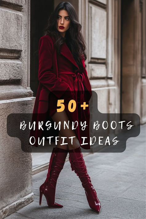 Make a bold fashion statement with these 50 burgundy boots outfits. Perfect for adding a pop of color to any look, these ensembles offer endless possibilities for creating a standout appearance. Discover how to style your boots for a head-turning look. Click to explore these stunning ideas! 👢✨ #BoldInBurgundy #FashionInspo #StylishOutfits #FallFashion #ChicLooks #FashionTrends #OutfitInspiration Burgundy Over The Knee Boots Outfit, Styling Red Boots Fall Outfits, Burgundy Patent Boots Outfit, Red Dress Outfit With Boots, Styling Burgundy Boots, Outfits With Maroon Boots, Wine Color Boots Outfit, Red Boots Outfit Ideas, Burgundy Outfit Ideas Black Women