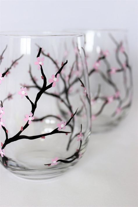 Hand painted stemless wine glasses with cherry blossoms, Spring wine glasses, set of 2 Flower Wine Glass Painting, Cricut Cherry Blossoms Mug, Painted Stemless Wine Glasses, Cherry Blossom Wine Glass Painting, Hand Painted Wine Glasses With Trees, Hand Painted Stemless Wine Glasses, Wine Glass Painting, Spring Wine, Cherry Blossom Design