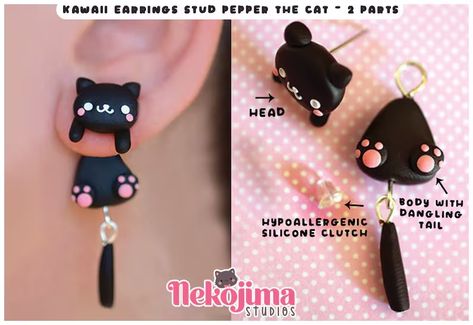 Kawaii Earrings Cat Stud, Black Cute Cat Jewelry Gift, Kitten Stud for Cat Lover, Polymer Clay Handmade - Etsy Philippines Polymer Clay Cat, Kawaii Earrings, Polymer Clay Jewelry Diy, Cute Polymer Clay, Clay Jewelry Diy, Polymer Clay Charms, Polymer Clay Projects, Diy Clay Crafts, Polymer Clay Ideas