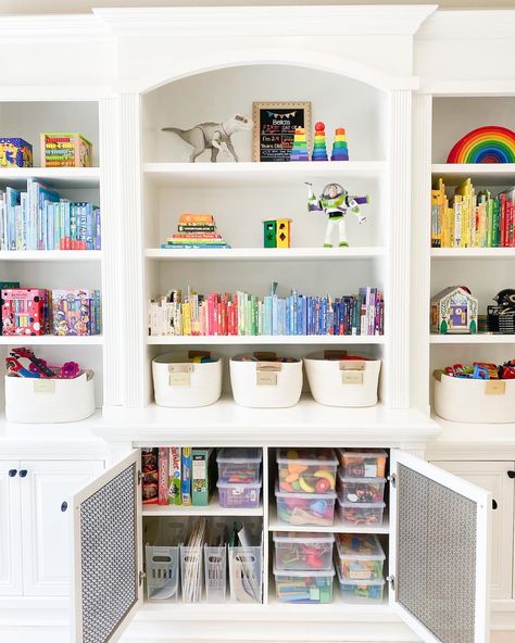 Playroom where everything is in its place = more time for actual play 🙌 ⠀⠀⠀⠀⠀⠀⠀⠀⠀ Giving every item a home ensures that organizational… | Instagram Toy Room Built In Storage, Playroom With Built In Shelves, Modern Playroom Storage, Kids Display Shelves, Playroom Shelves Wall, Built In Cabinets Playroom, French Country Playroom, Functional Playroom Ideas, Playroom With Built Ins