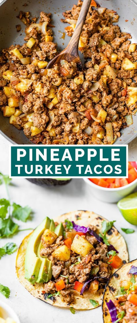 Delicious and flavorful Pineapple Turkey Taco recipe, a healthy dinner ready in 20 minutes for an easy weeknight meal. Gluten free and paleo friendly. Easy Paleo Ground Turkey Recipes, Paleo Recipes Ground Turkey, Group Turkey Recipes Healthy, Healthy Dinner Recipes With Turkey Meat, Sheet Pan Ground Turkey Recipes, Ground Turkey And Pineapple Recipes, Dinner Recipes For Ground Turkey, Gluten Free Recipes For Dinner Healthy Easy, Ground Turkey Pineapple Recipes