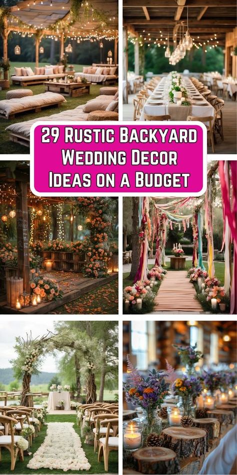 Discover 29 budget-friendly Rustic Backyard Wedding Decor Ideas to create a charming and unforgettable outdoor celebration. From DIY lighting to natural centerpieces, these tips will help you achieve a beautiful rustic ambiance without breaking the bank. Perfect for couples who love the simplicity and warmth of rustic style. Pin now for inspiration and start planning your dream backyard wedding! Simple Rustic Outdoor Wedding, Backyard Wedding Country Rustic Outdoor, Backyard Theme Wedding, Simple Woodsy Wedding Decor, I Do Bbq Decorations Backyards Ideas, Magical Outdoor Wedding, In Home Wedding Ideas, Wedding Fire Pit Ideas, Farm Wedding Decor Ideas