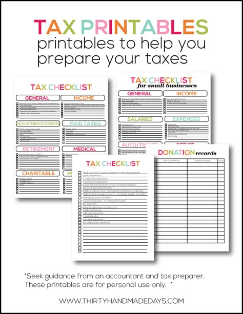 Tax Printables- easy checklists to help you prepare your taxes.  Add these to your budget binder!   from  www.thirtyhandmadedays.com Tax Checklist, Tax Organization, Small Business Tax, Tax Prep, Household Binder, Home Binder, Tax Tips, Tax Time, Tax Forms