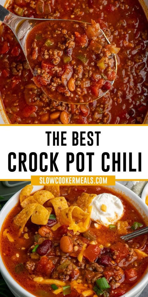 Close up of the best Crock Pot chili in a bowl and in a slow cooker. The Best Crock Pot Chili, Best Chili Beans Recipe Crock Pot, V8 Chili Recipe Crock Pot, Chill Recipes Crock Pot, Chili Recipe Instant Pot Easy, Grandma's Chili Recipe, Homemade Chilli Recipe Crockpot, The Best Chili Recipe Crock Pots, Easy Bulk Dinners