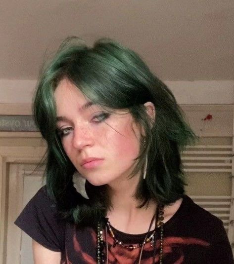 Green Tinted Hair, Green Dyed Hair Short, Dyed Sideburns, Dark Green Dyed Hair, Green Hair Girl Aesthetic, Hair Dye Inspo Short Hair, Soft Green Hair, Aesthetic Hair Colour, Green And Blonde Hair