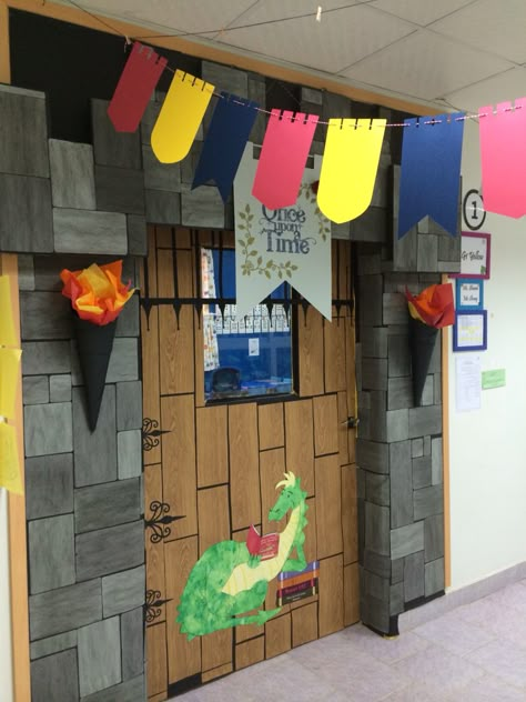 Castle theme classroom door. Medieval Bunting, Medieval Classroom, Castle Theme Classroom, Castle Classroom, Castles Topic, Keepers Of The Kingdom, Kingdom Vbs, Knights And Castles, Camping Decorations