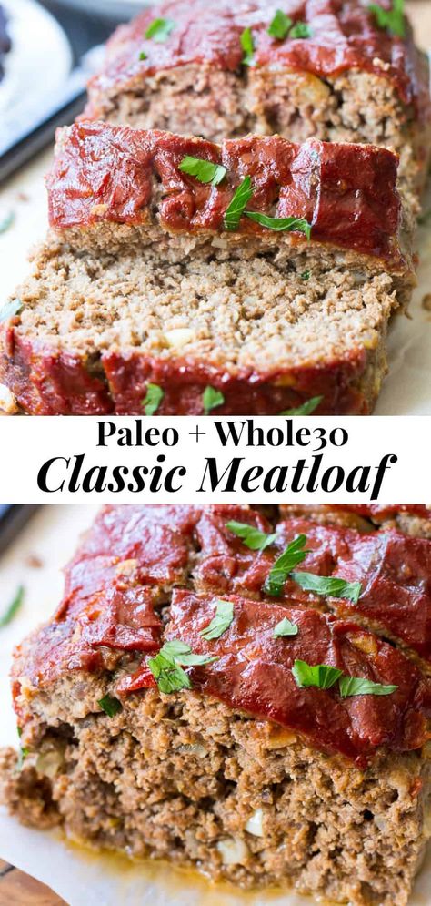 This Whole30 and Paleo meatloaf is packed with classic flavors and topped with Whole30 ketchup sweetened with dates!  It's the ultimate cozy comfort food that everyone will love.  Gluten free grain free, dairy free, no added sugar.  #whole30 #paleo #cleaneating Whole30 Ketchup, Paleo Beef Recipes, Paleo Meatloaf, Whole 30 Meal Plan, Whole30 Dinner Recipes, Easy Whole 30 Recipes, Paleo Main Dishes, Whole30 Dinners, Whole 30 Diet