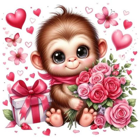 Monkey Valentine, Home Wall Painting, Clipart Animals, Monkey Pattern, Gems Art, Diy Rhinestone, Cute Monkey, Rhinestone Art, Cute Cartoon Animals