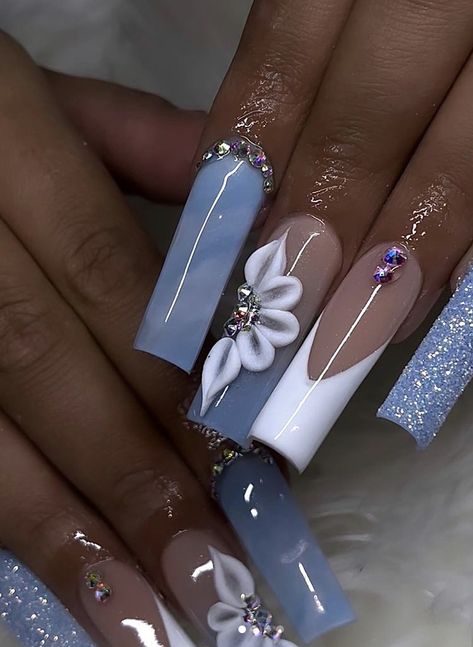 Cinderella Blue Nails For Prom, Long White Acrylic Nails Rhinestones, Navy Blue White Nails, Navy Blue Nail Designs For Prom, Medium Length Nails Acrylic Square Design, Blue Inspired Nails, Navy Blue Quince Nails, Vacation Nails Long, Quince Nails Pink