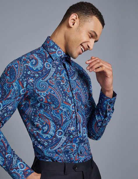 Men’s Curtis Blue & Orange Paisley Slim Fit Shirt – Single Cuff Shirt Men Outfit, Formal Smart Casual, Smart Casual Shirts, Surface Pattern Design Inspiration, Paisley Print Shirt, Hawes And Curtis, Printed Shirts Men, Patterned Shirts, Pattern Design Inspiration