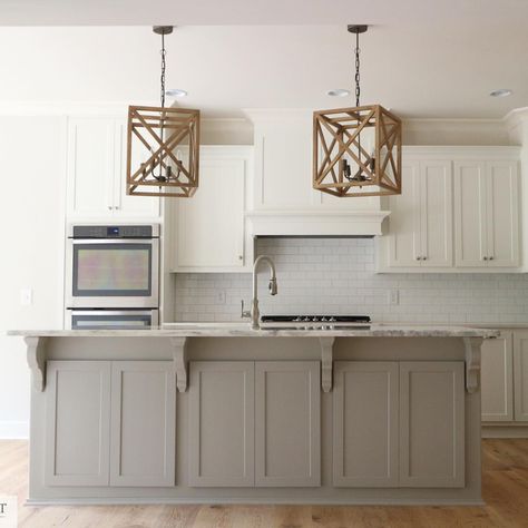 For those asking: •Island, SW Mindful Gray •Cabinets, SW Alabaster #cowartfarmhouse #crowebuilthomes Mindful Gray Cabinets, Sw Mindful Gray, Cabinet Color Combinations, Sw Alabaster, Painted Kitchen Island, Kitchen Cabinet Color Ideas, Kitchen Cabinet Color, Grey Kitchen Island, Mindful Gray