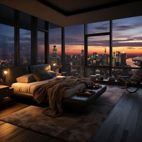 Atlanta Penthouse Luxury, Luxury Penthouse Bedroom, Manhattan Apartment Interior, City Apartment Aesthetic, Dark Modern Bedroom, Apartamento New York, Appartement New York, Dark Bedroom Aesthetic, Penthouse Aesthetic