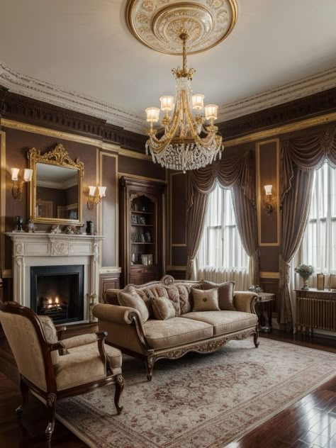 Royal Living Room Designs, Modern Vintage Home Aesthetic, Old Money House Interior Living Room, Rich Living Room Aesthetic, Light Victorian Living Room, Old Victorian Living Room, Old Fashioned Living Room, Old Home Aesthetic, Victorian Home Living Room